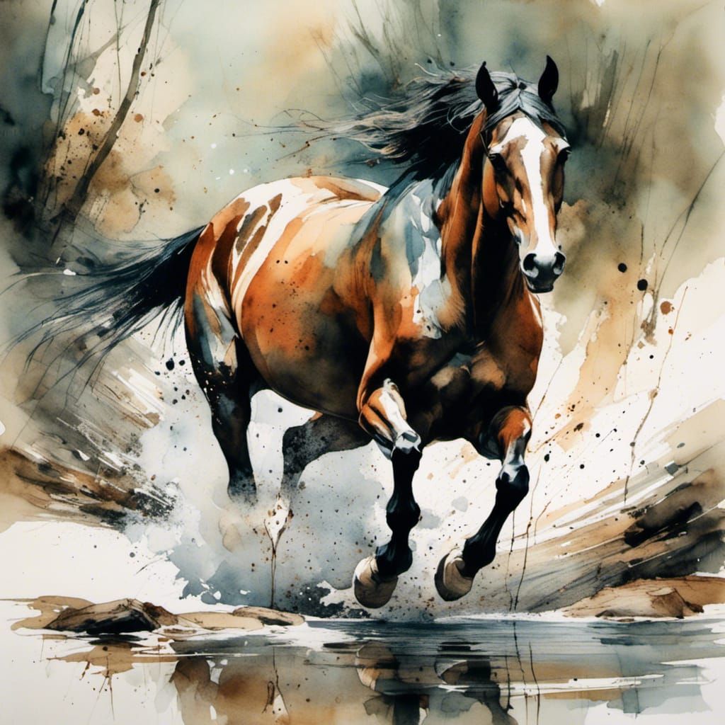 Horse Galloping Through Woodland in Watercolour Style