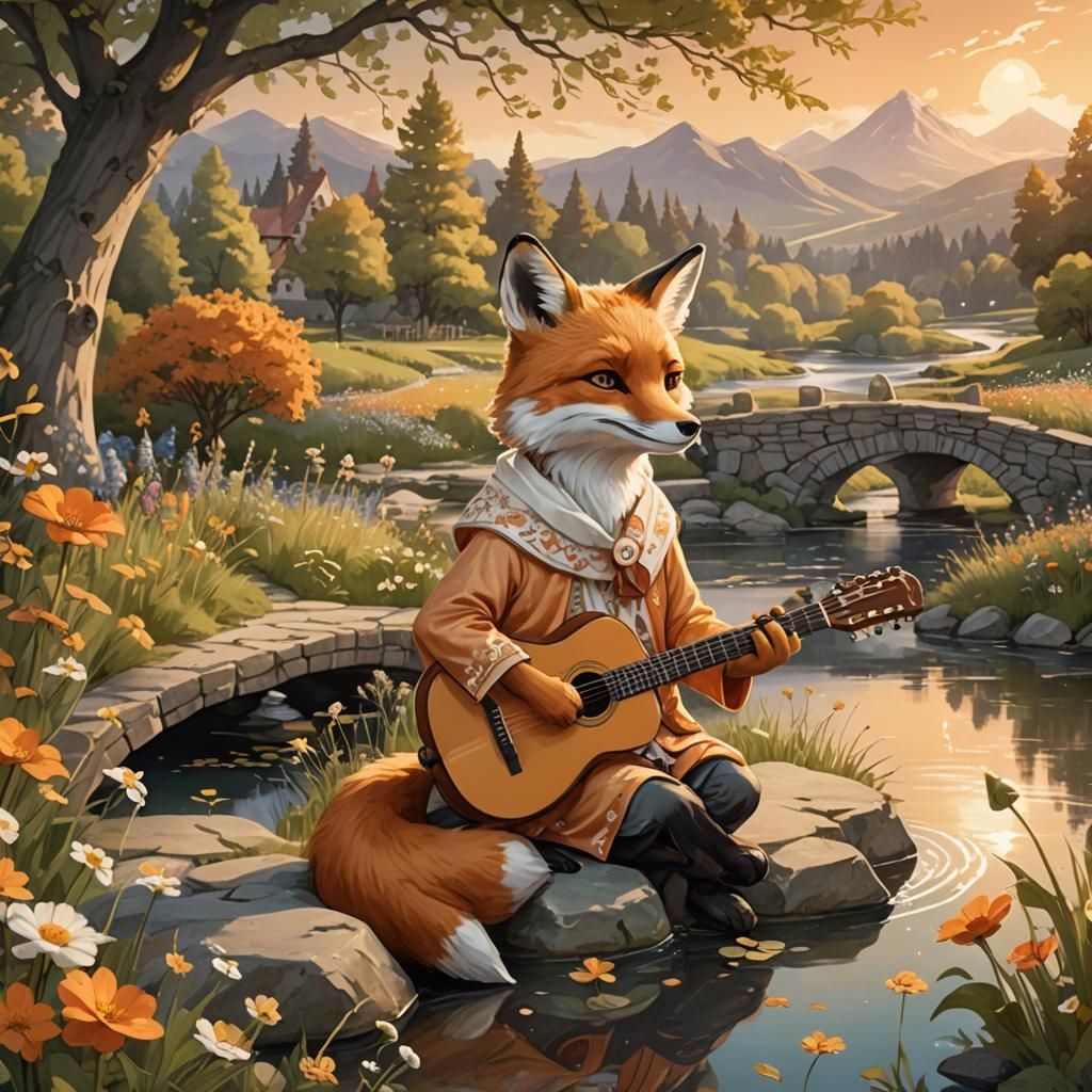 Anthropomorphic Fox Plays Guitar in Enchanting Forest