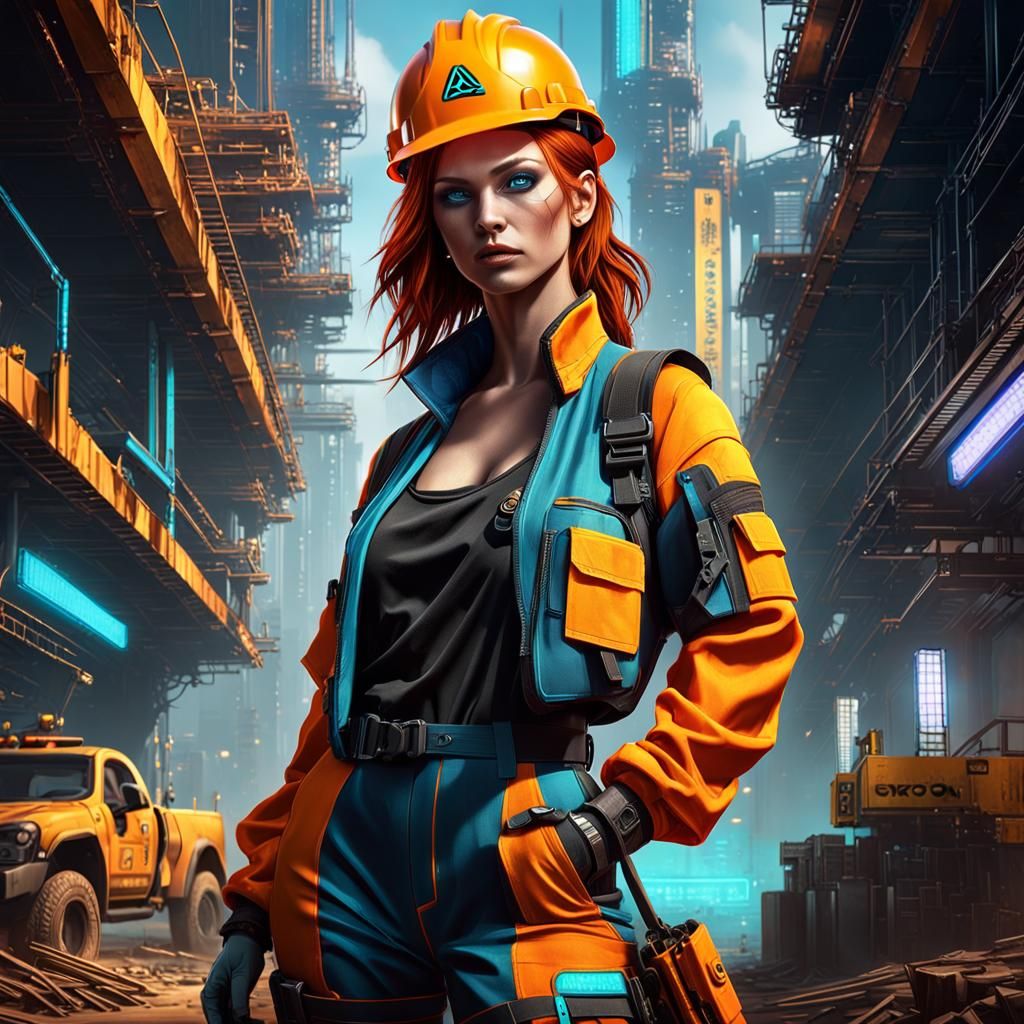 Cyberpunk Construction Worker in Hyperrealistic Style