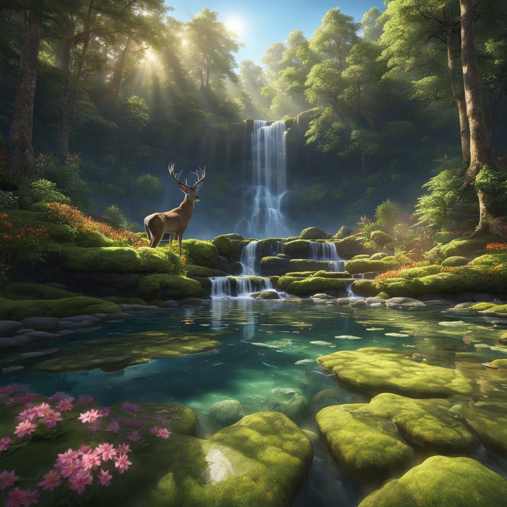 A multi-tiered waterfall cascades into a crystal-clear pool in a serene rural forest while a reindeer watching.