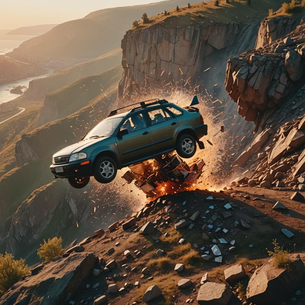 Car Flying Off Cliff in Cinematic Style