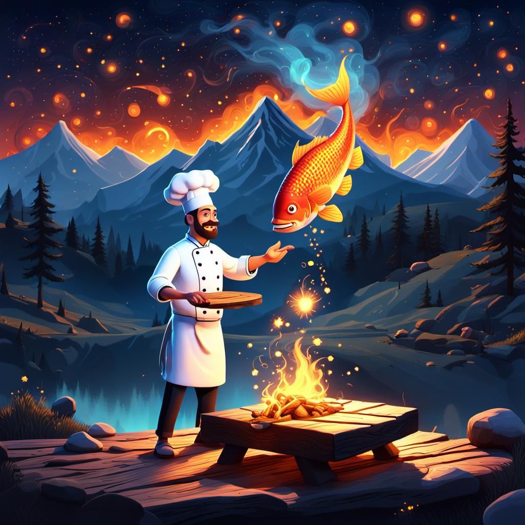Sizzling Fish over a Campfire in a Vibrant Pixar Landscape