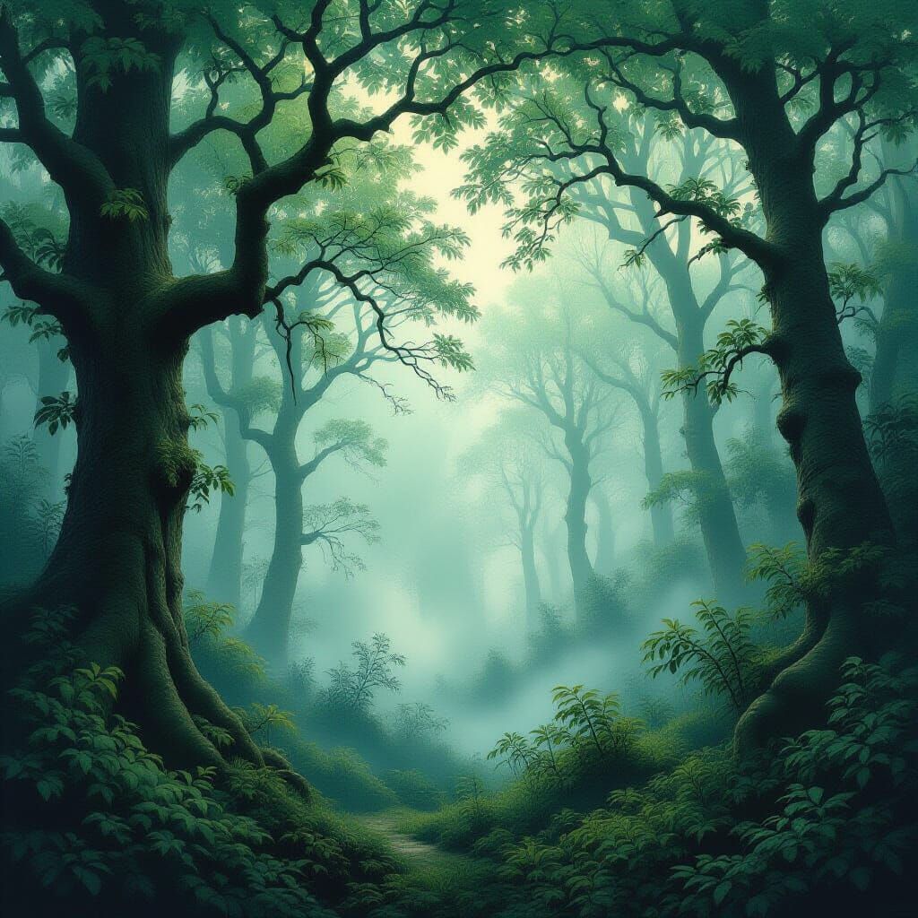 Mystical Foggy Forest in Dark Fantasy Concept Art Style
