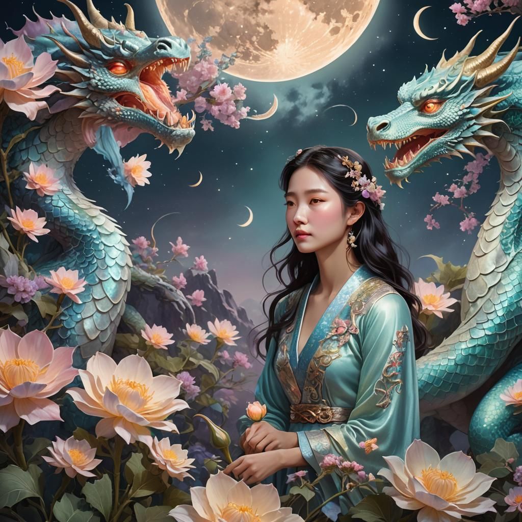 Lunar Dragons Tend Moonflowers: Digital Art
