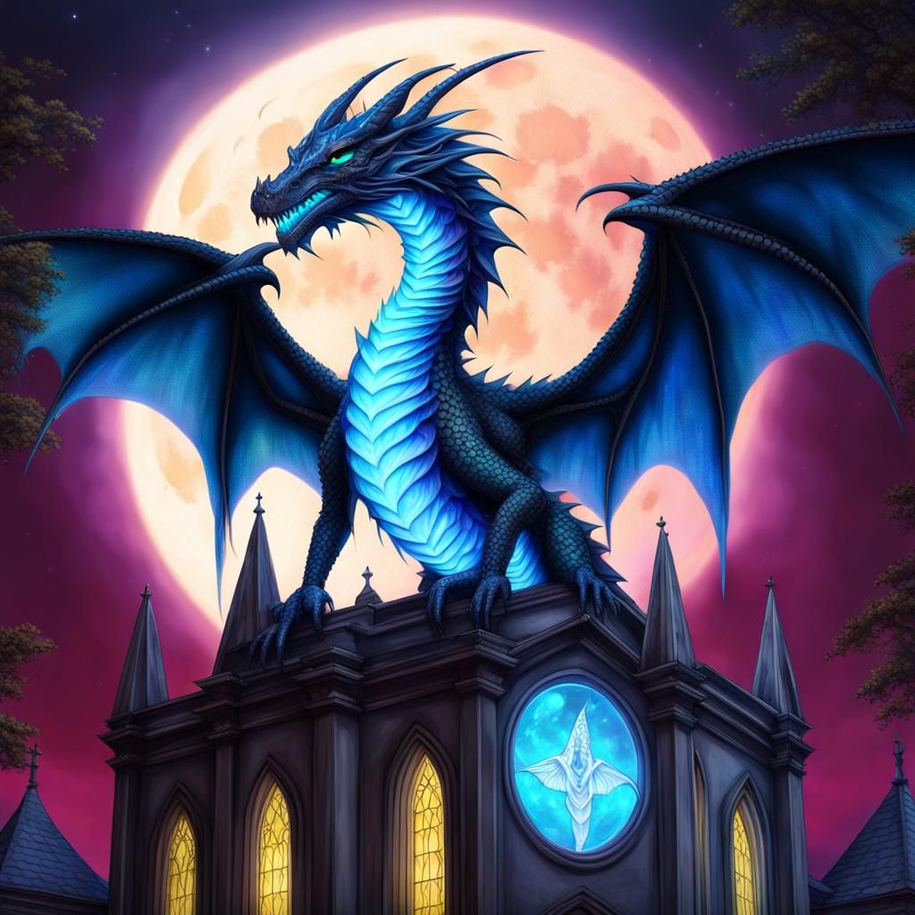 Bioluminescent Dragon on Gothic Church, Photorealistic Art