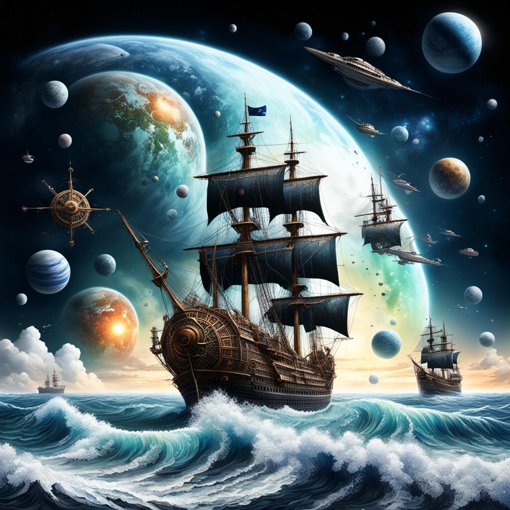 Cosmic Seascape: Pirate Ships Under Polar Skies