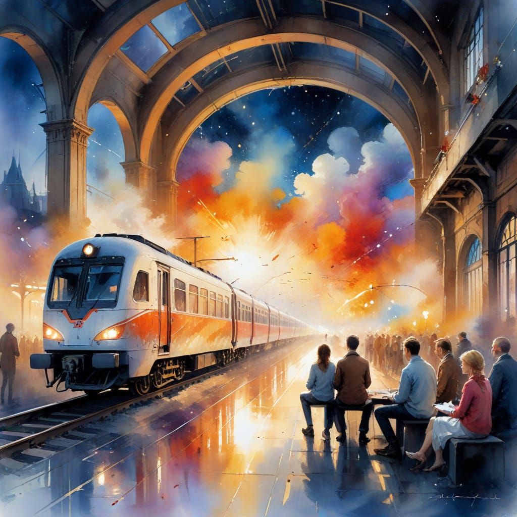 Cosmic Train Station Portal to Other Realms in Watercolour S...