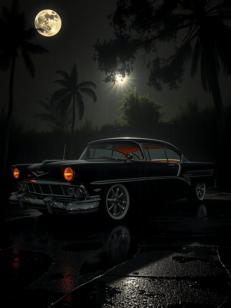 Sleek 1950s Fastback Car in Dystopian Landscape