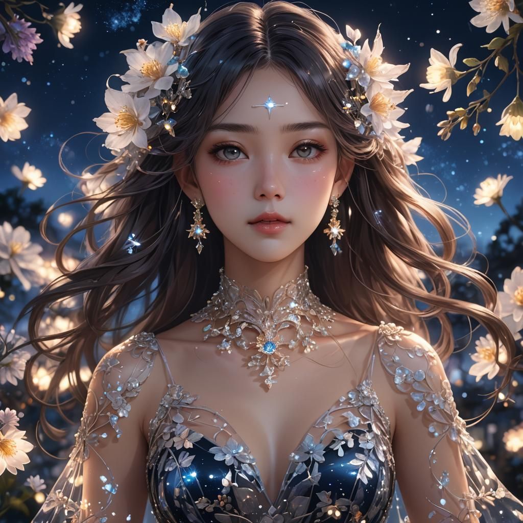 Anime Portrait: Woman in Transparent Dress with Floral Jewel...