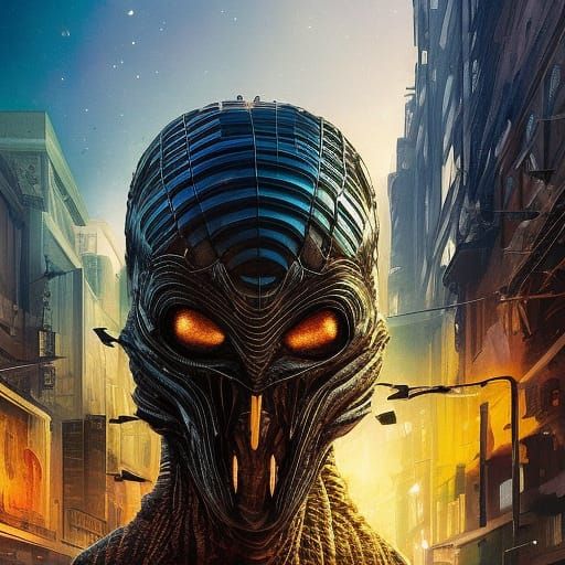 Ancient Alien Snacks in Dystopian Cityscape