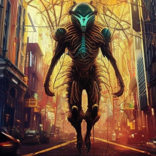 Alien Strolls Street with Human Remains