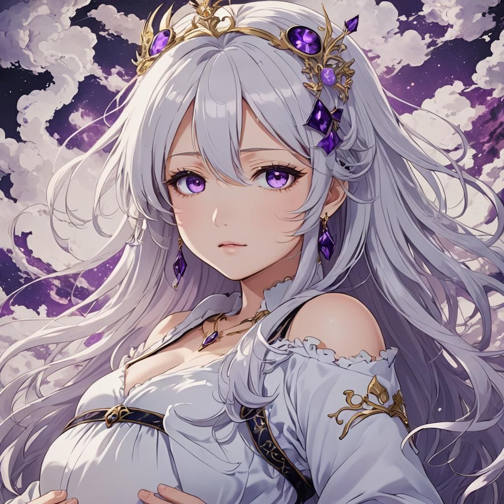 Anime Queen with White Hair and Purple Eyes