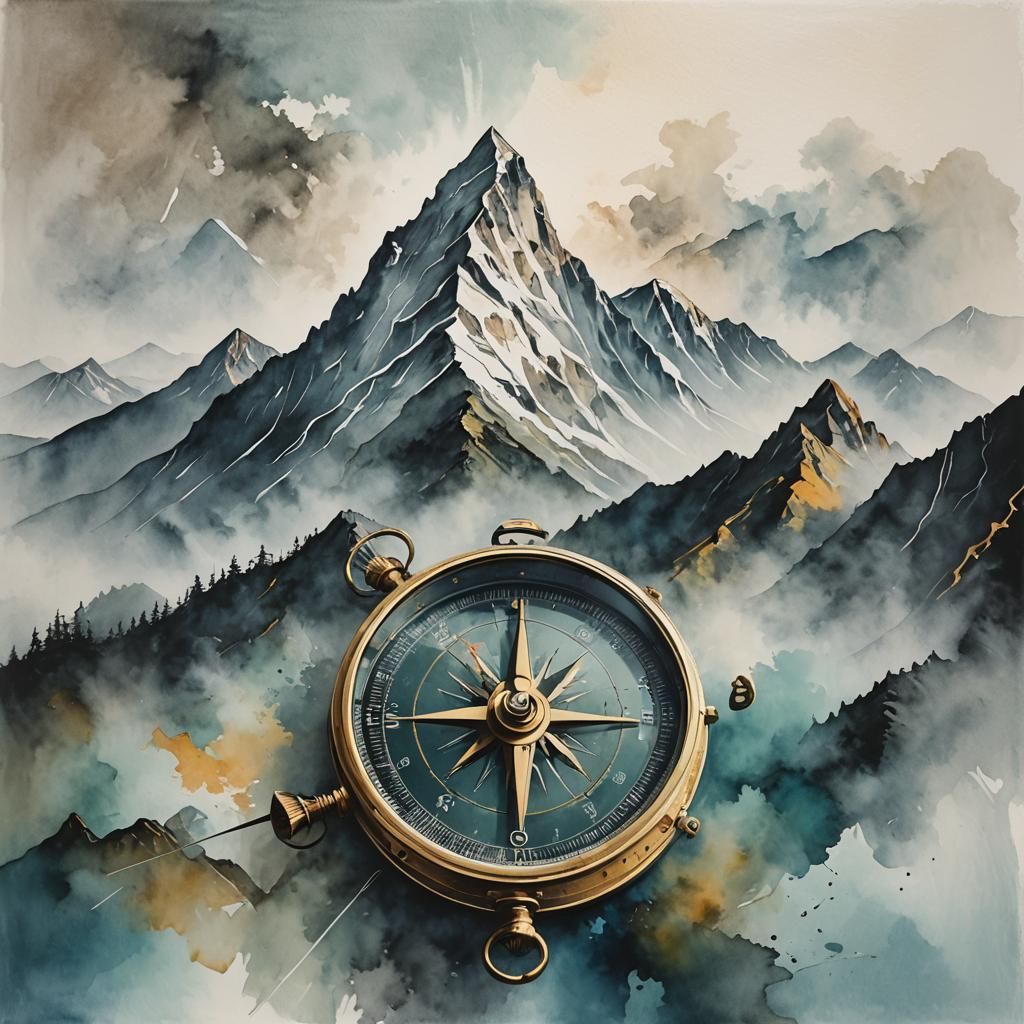 Compass Pointing to Misty Mountain Peak: Abstract Art