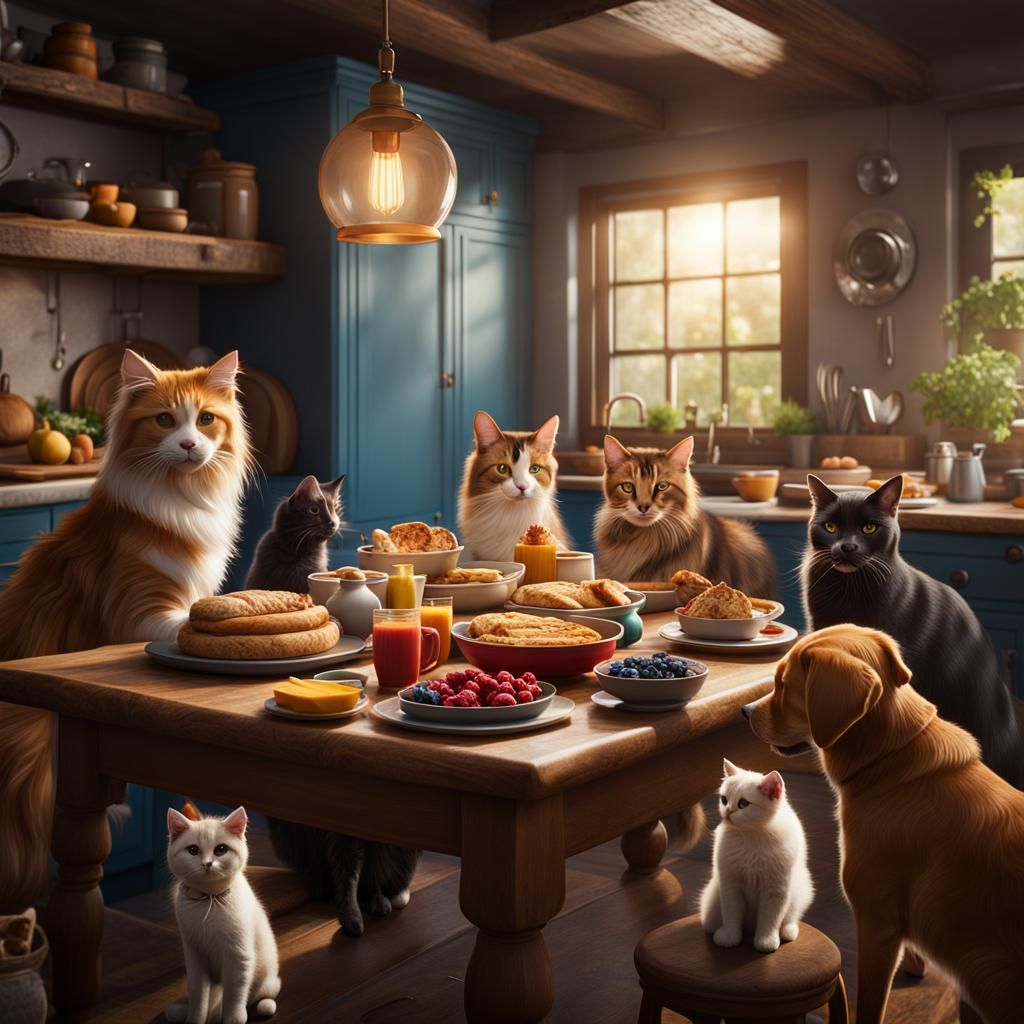 Harmonious Breakfast: Cats and Dogs in Cozy Kitchen