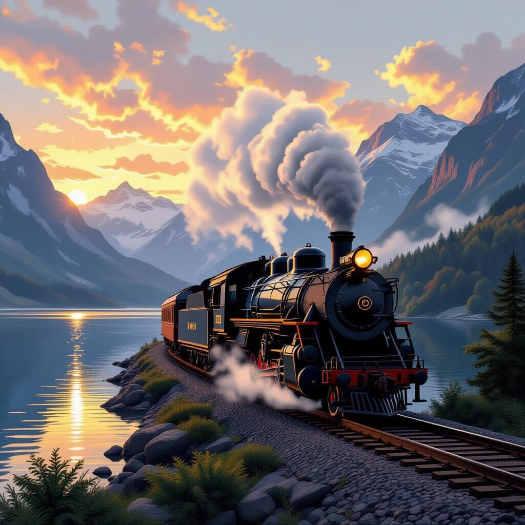 Vintage Steam Train on Lakeside Rails at Sunrise
