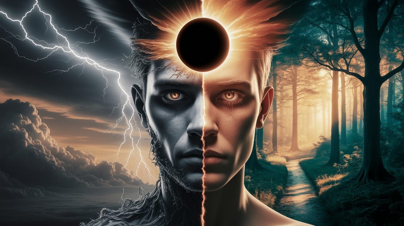 Surreal Eclipse Divides Face in Digital Portrait