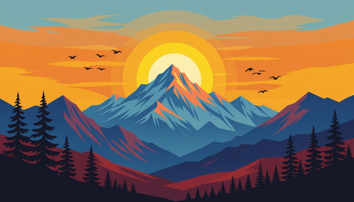 Tingatinga Sunrise Over Majestic Mountain Landscape