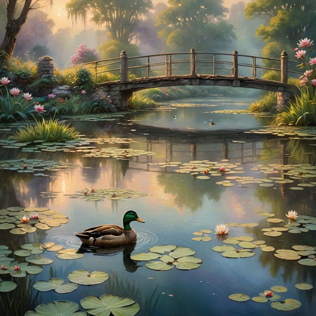 Ethereal Duck and Water Lilies in Golden Light