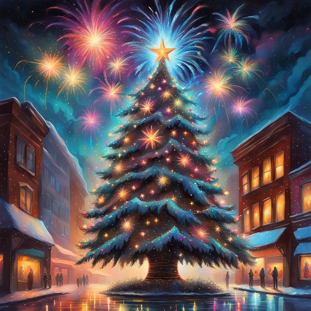 Starry Christmas Tree with Fireworks, Detailed Matte Paintin...