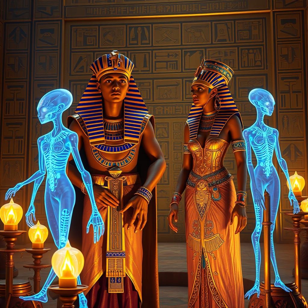 Egyptian Royalty Meet Alien Visitors in Dreamlike Scene