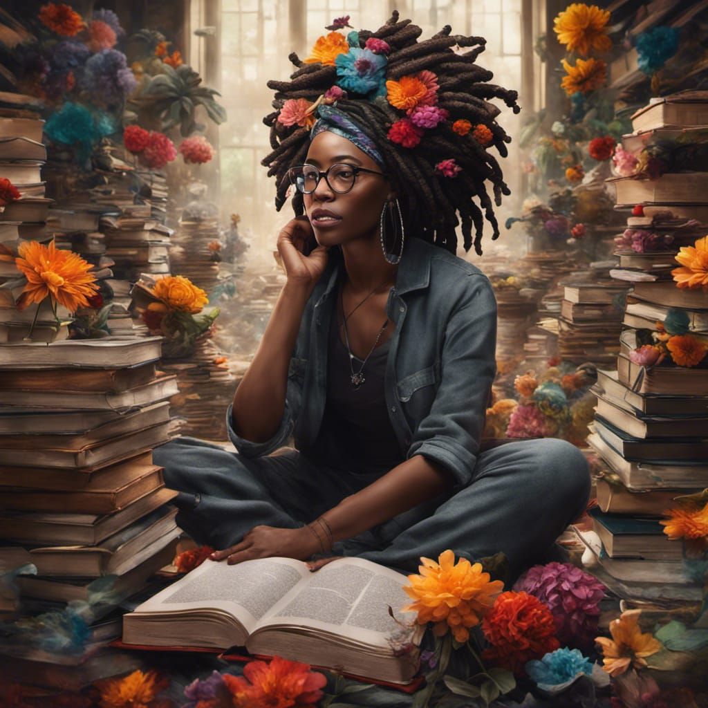 Zen Reader: Black Woman in a Floral Book Room
