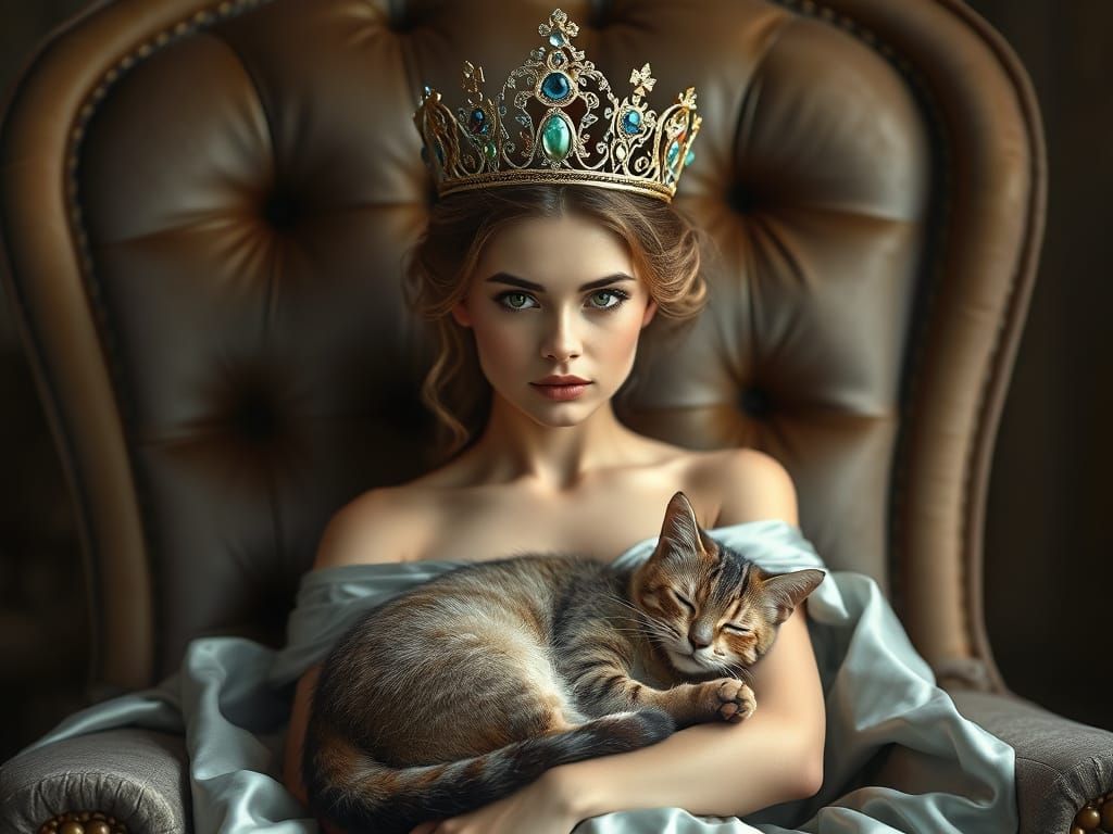 Regal Princess in Velvet Chair, Surrounded by Luxury and a S...