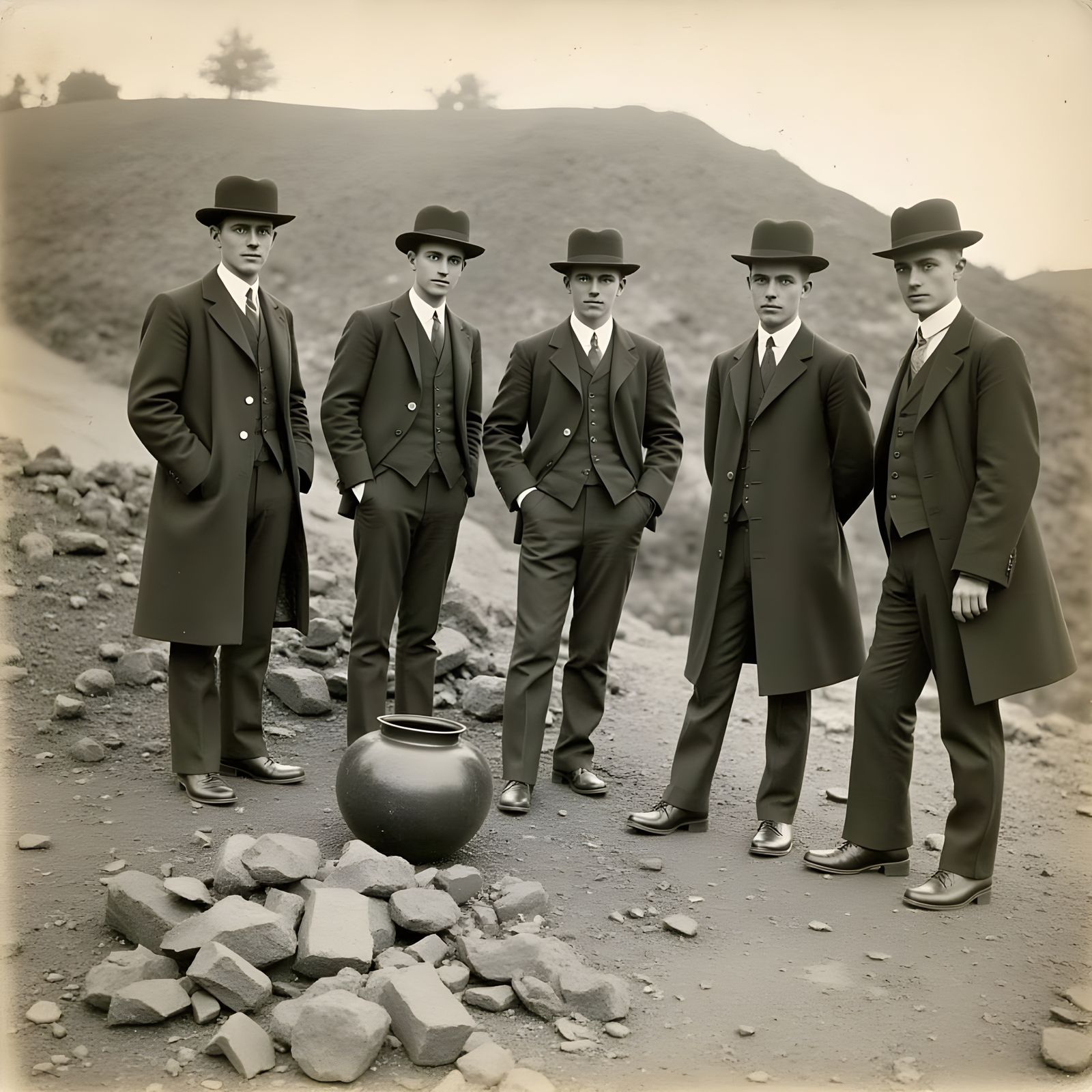 Men in Early 20th Century Attire Ponder Archaeological Findi...