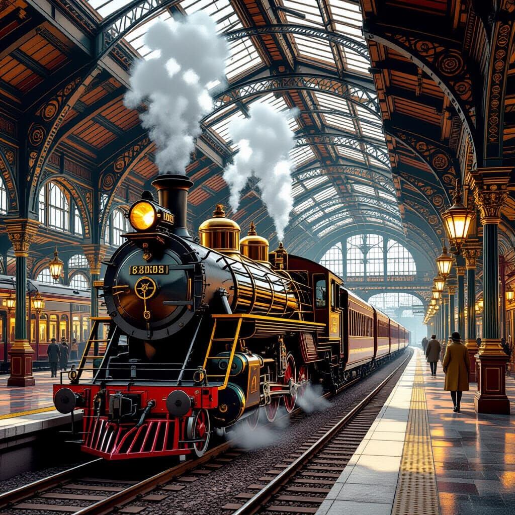 Steampunk Train Station in Art Nouveau Style