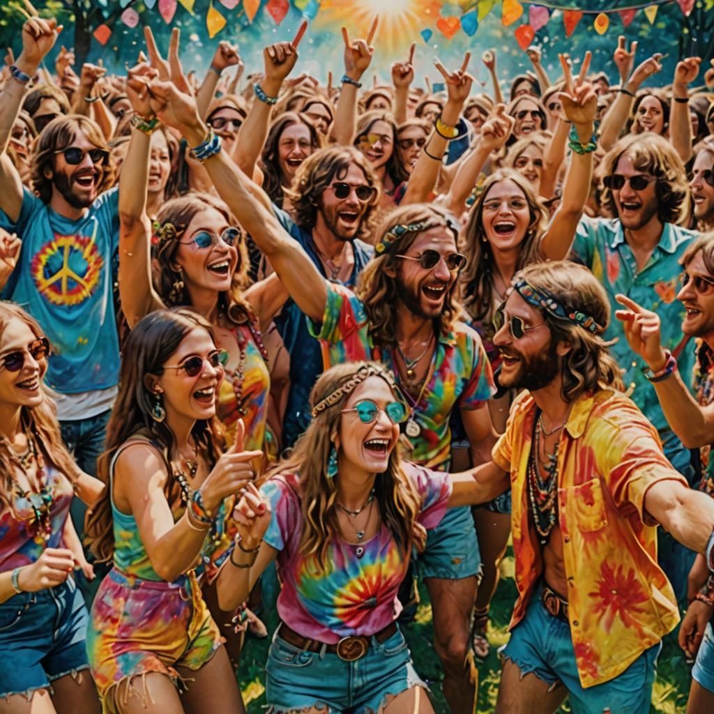 Energetic 1960s Summer Party with Hippie Dancers
