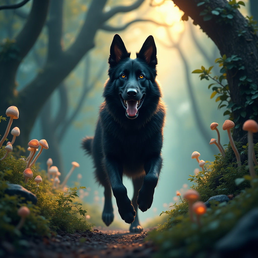 German Shepherd Runs Through Mystical Forest