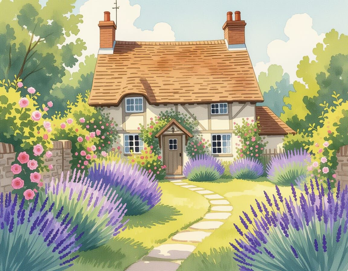 Rustic Cottage in Lush Garden: Watercolor Painting