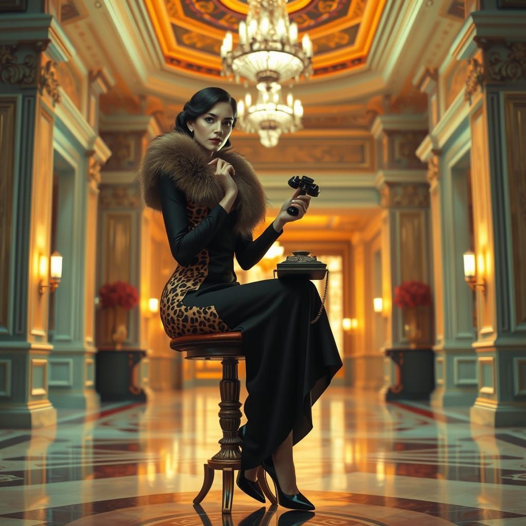 Sultry Femme Fatale in Art Nouveau Hotel Lobby