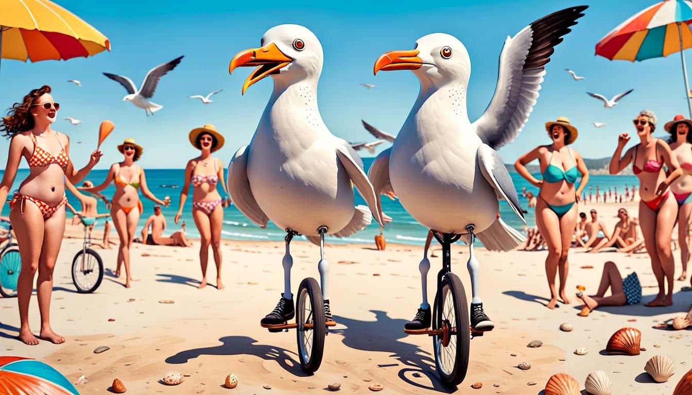 Seagull on Unicycle: Naive Folk Art Beach Scene