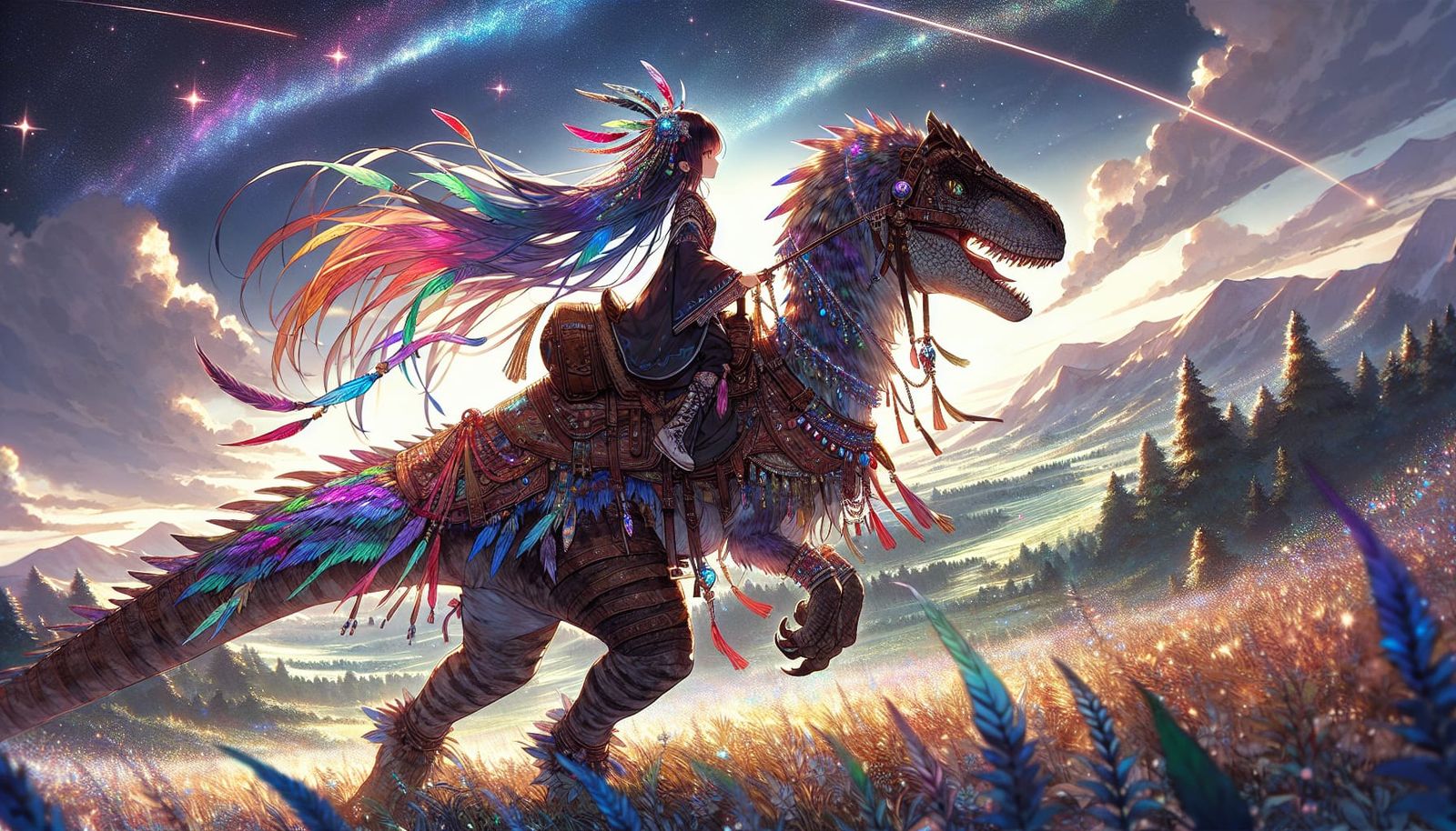 Anime Girl on Armored Velociraptor in Shimmering Expanse