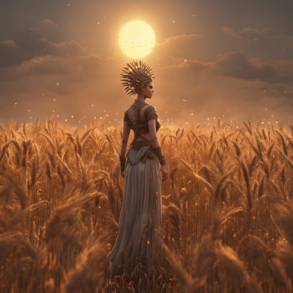 Harvest Goddess in Wheat Field at Sunrise