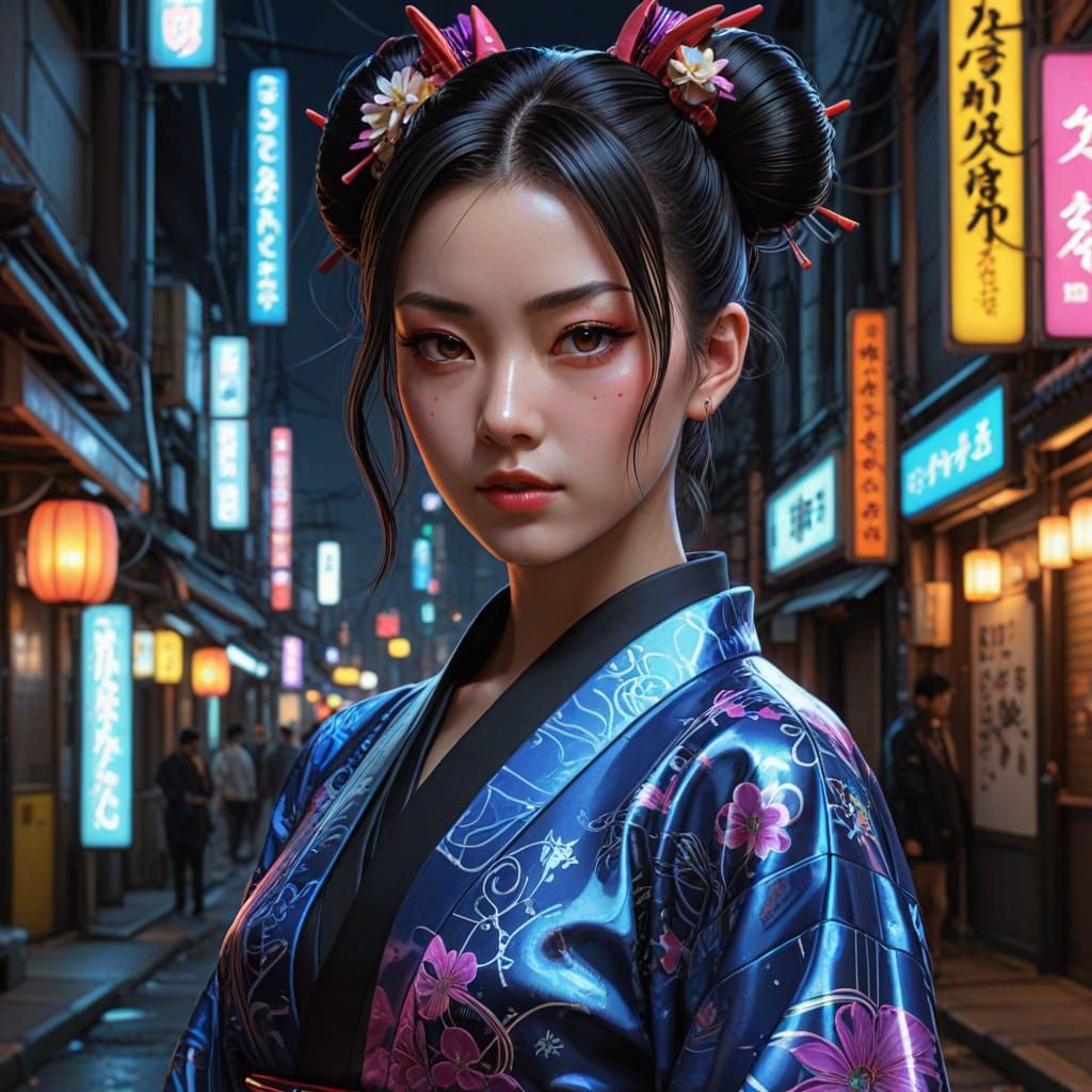 Cyberpunk Geisha with Neon Kanzashi in Dark Alleyway