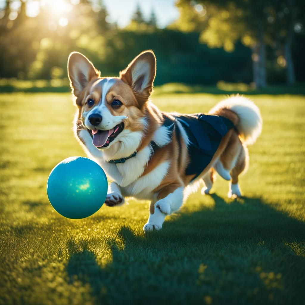 Corgi Plays Fetch in Golden Sunlight: Cinematic Film Still