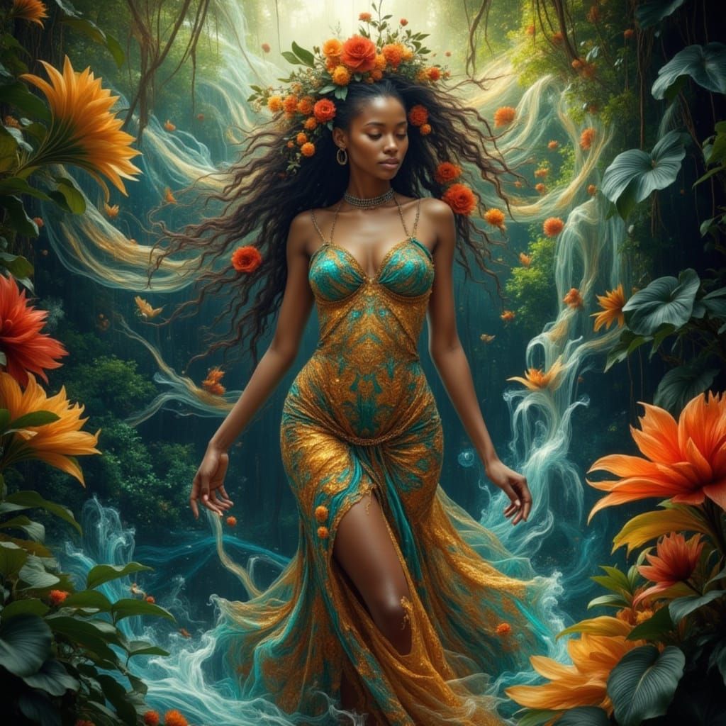 African Goddess Emerging from Jungle Waterfall