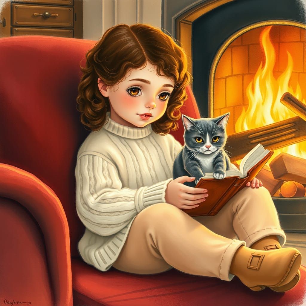 Girl Reading with Cat by Fireplace in Watercolor Style
