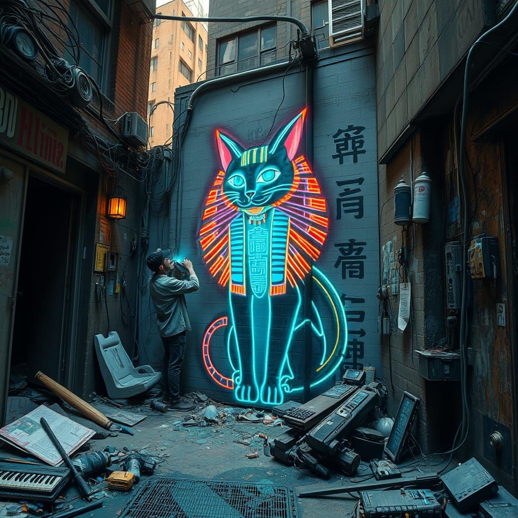 Cyberpunk City Cat Mural With Egyptian Hieroglyphs