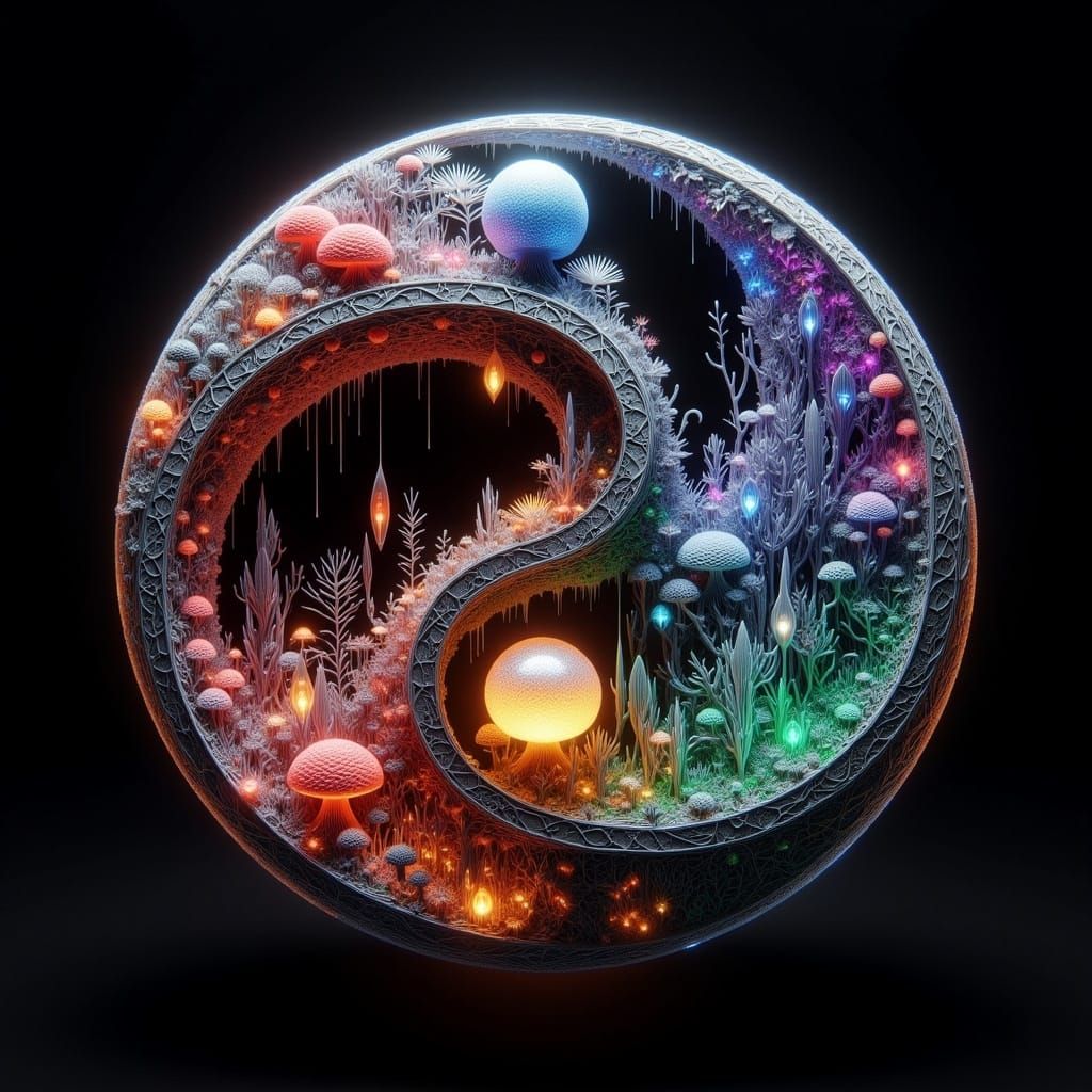 Mystical Yin-Yang Mushroom Dance in a Dreamlike Landscape