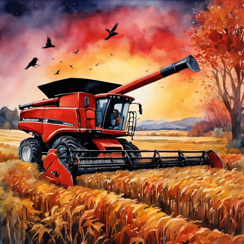 Whimsical Autumn Landscape with Harvester in Watercolor