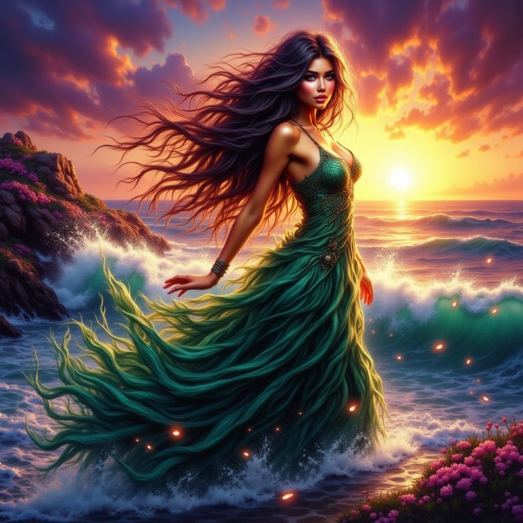 Fantasy Fairy Emerges from Ocean in Dark Concept Art