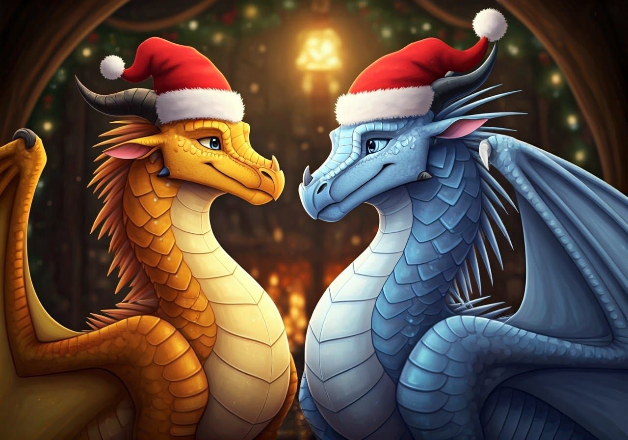 Fantasy Dragons Celebrate Christmas in Whimsical Holiday Sce...