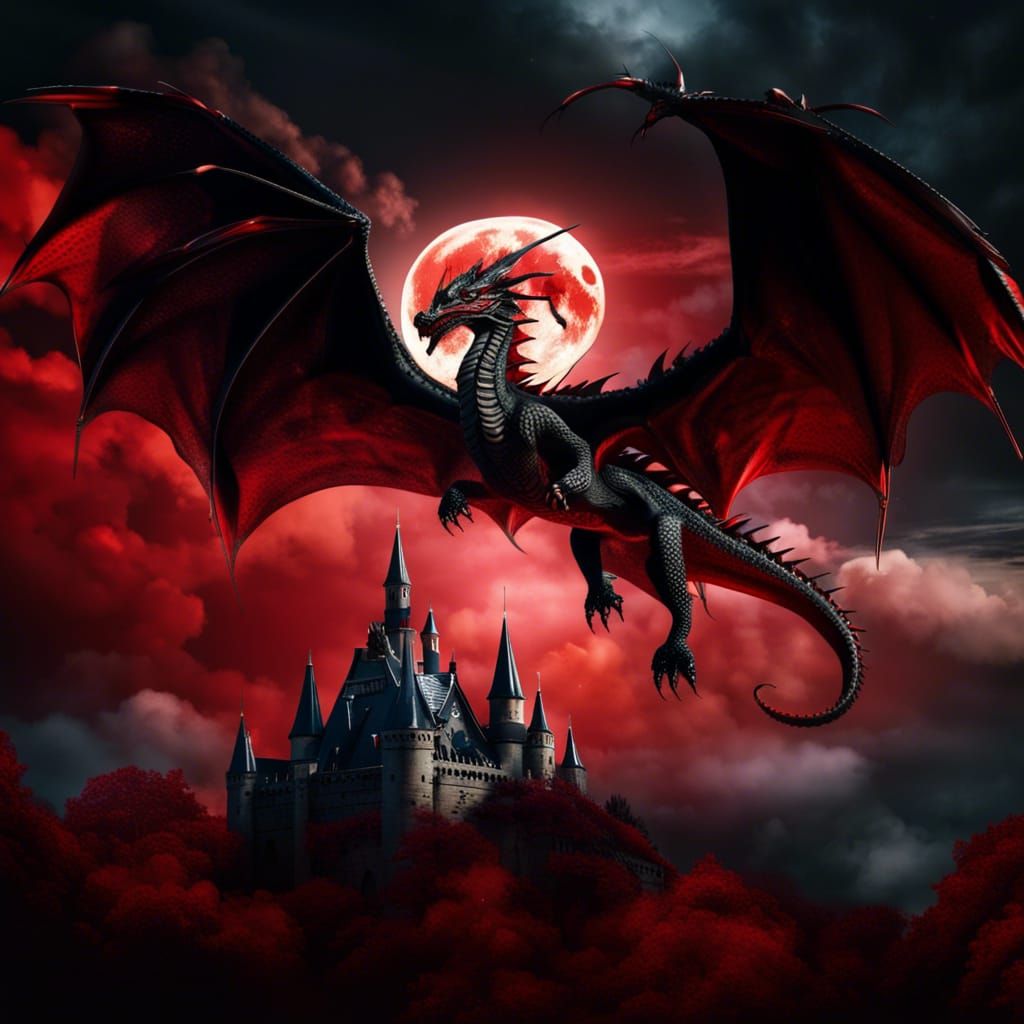 Black and Red Dragon in Flight Under Blood Moon