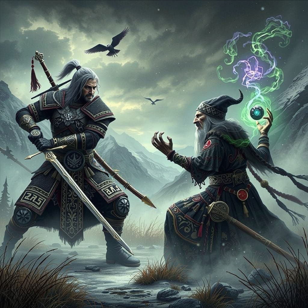 Turkic Warrior Faces Ancient Crone in Mystical Steppe