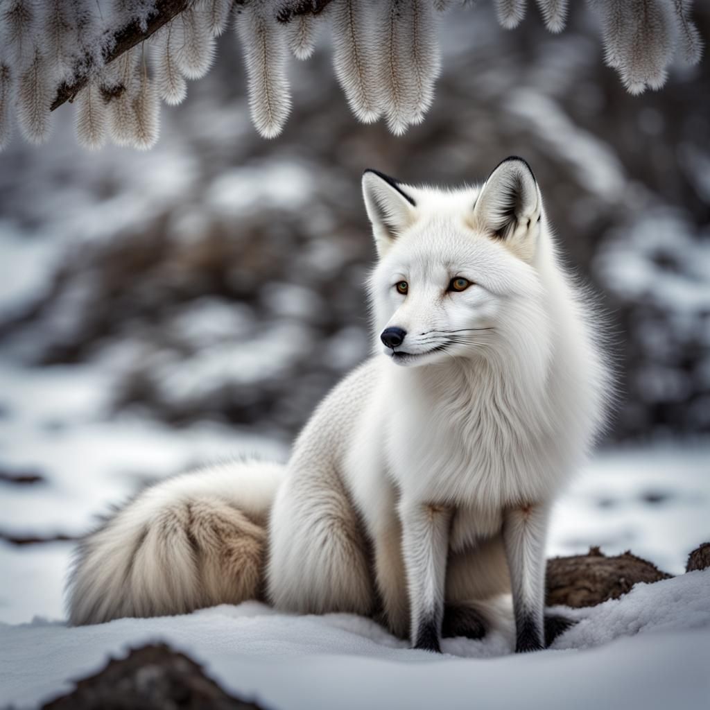 White Fox in Winter Oasis: Hyperrealistic Image