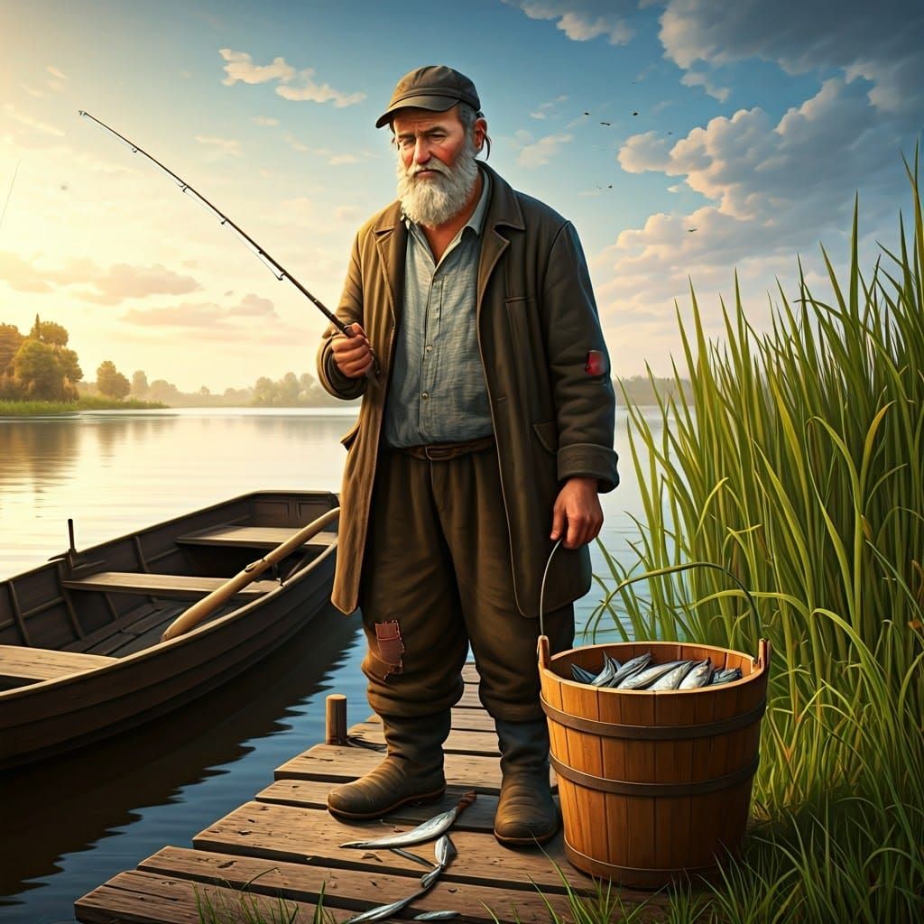 Fisherman in Rustic Shtetl Landscape