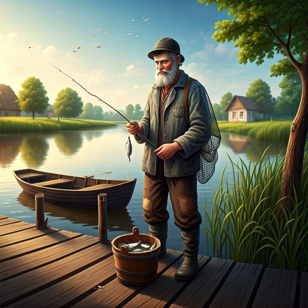 Fisherman in Rustic Shtetl Landscape