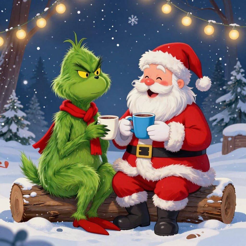 Santa and Grinch Share Cocoa in Snowy Christmas Scene
